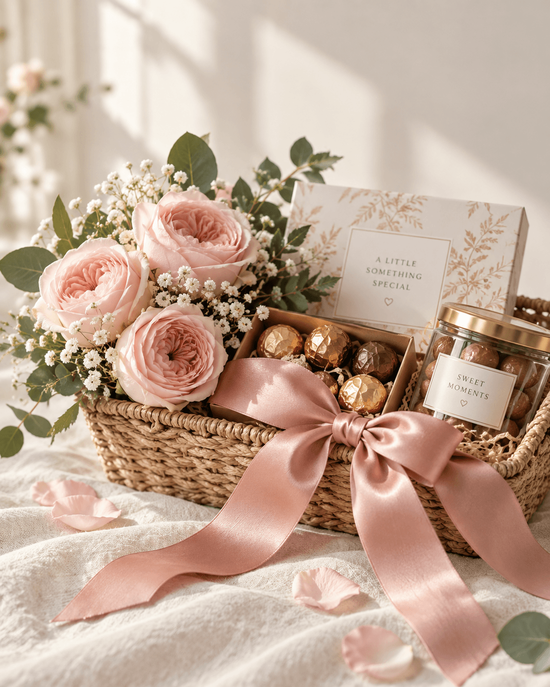 A woven gift basket of pale roses, chocolates and a dusty-rose satin ribbon